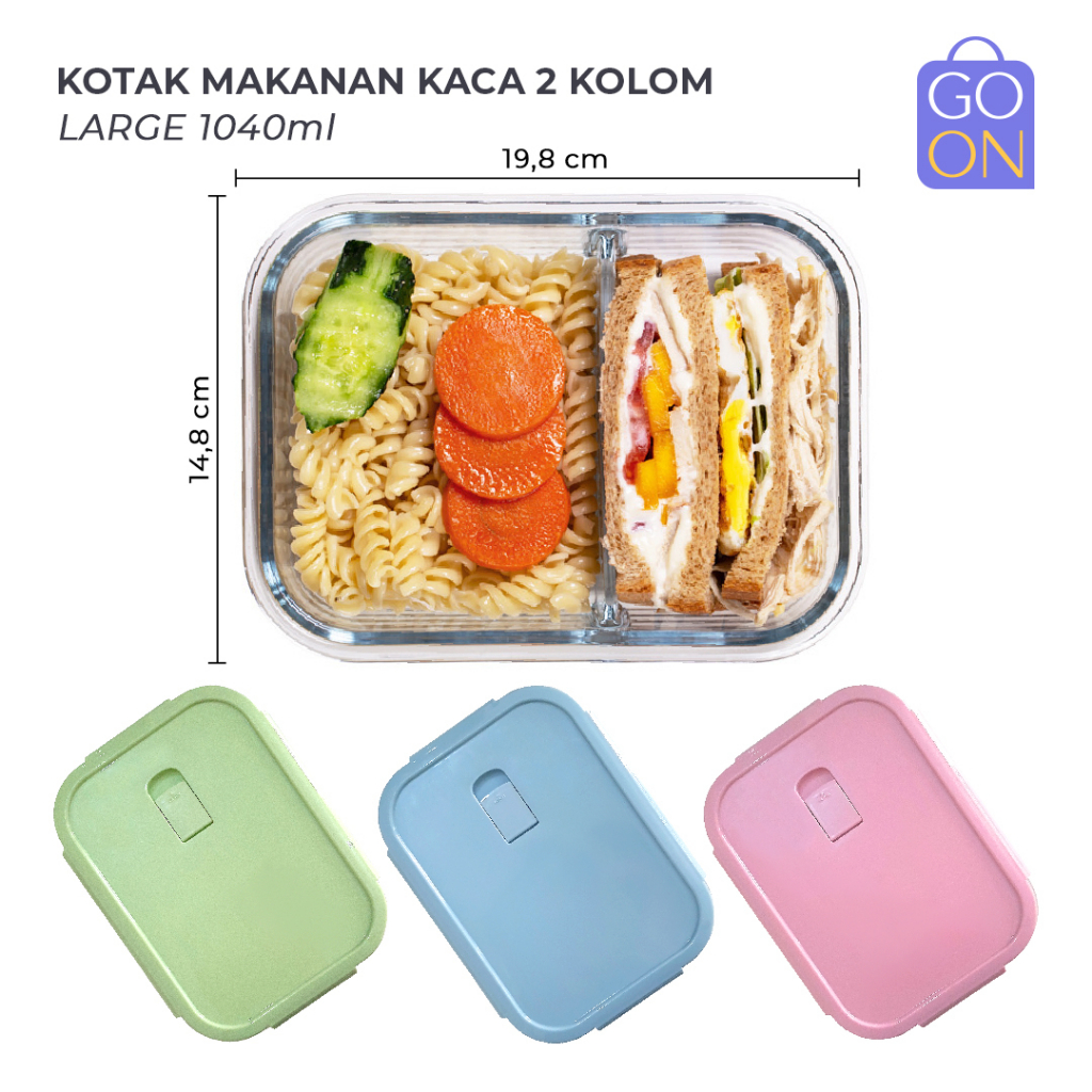 [2 KOLOM 1040ml] Kotak Makanan Kaca Tahan Panas &amp; Dingin (Freezer) - Oven &amp; Microwave Safe - Glasslock Anti Bocor