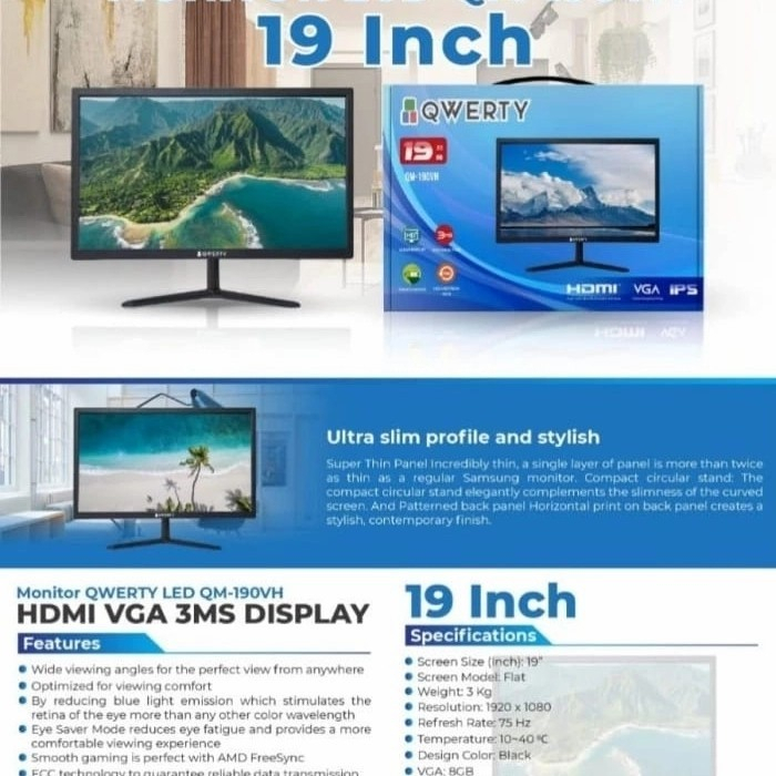 LED MONITOR QWERTY QN-19VH 19 INCH LCD HDMI VGA 3MS DISPLAY IPS 75HZ