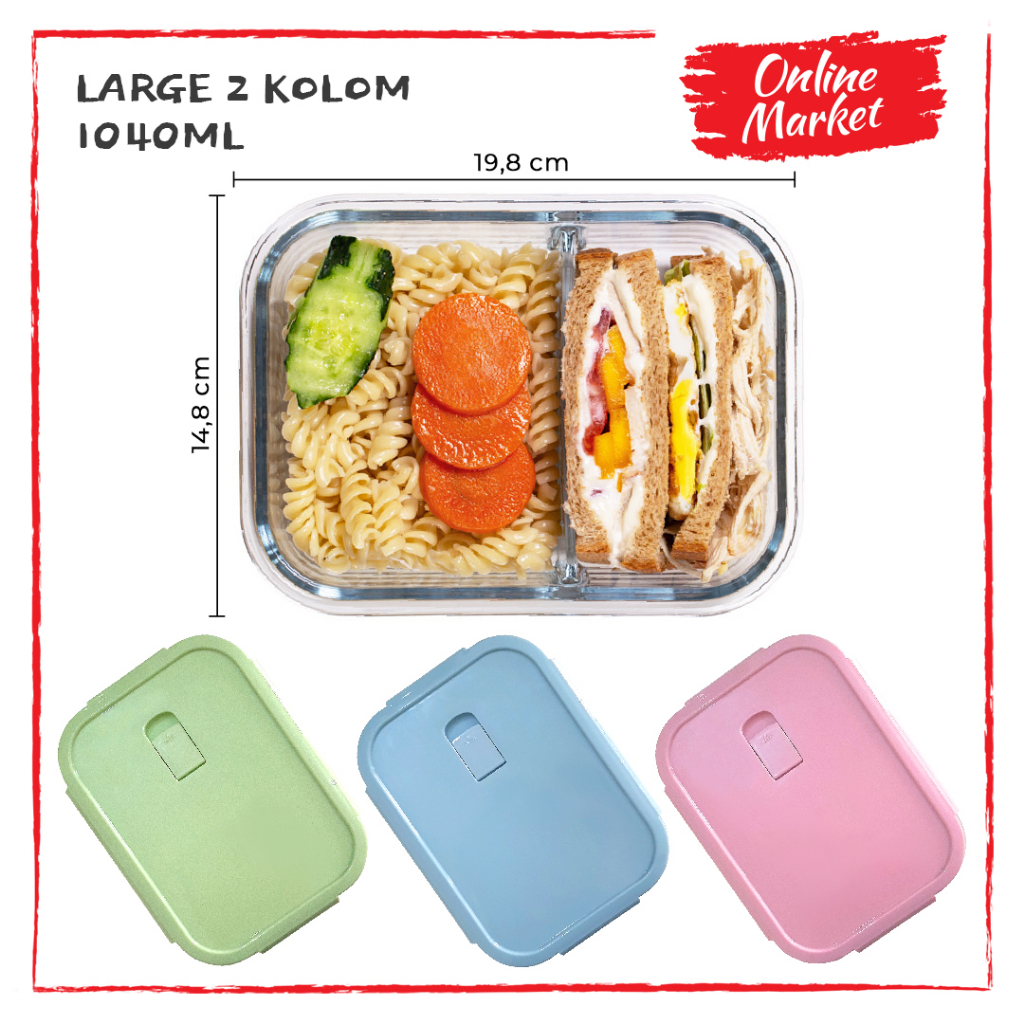 [2 KOLOM 1040ml] Lunch Box Kaca Tahan Panas - Kotak Makanan Kaca - Oven &amp; Microwave Safe - Glass Lock Anti-bocor