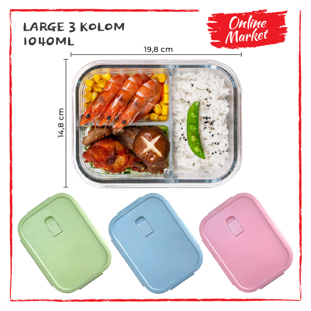 [3 KOLOM 1040ml] Lunch Box Kaca Tahan Panas - Kotak Makanan Kaca - Oven &amp; Microwave Safe - Glass Lock Anti-bocor