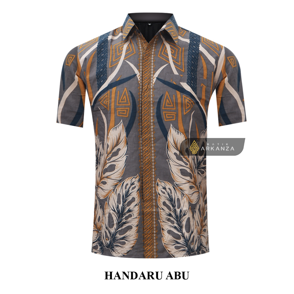 BATIK ARKANZA Motif HANDARU ABU Hem Atasan Kemeja Baju Batik Pria Cowok Laki Laki Slimfit Full Lapis Furing Lengan Panjang Lengan Pendek Original Asli