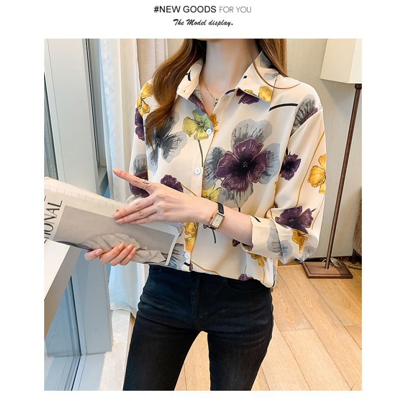 Kemeja wanita motif bunga warna warni berkerah satin Korea lengan panjang  elegant