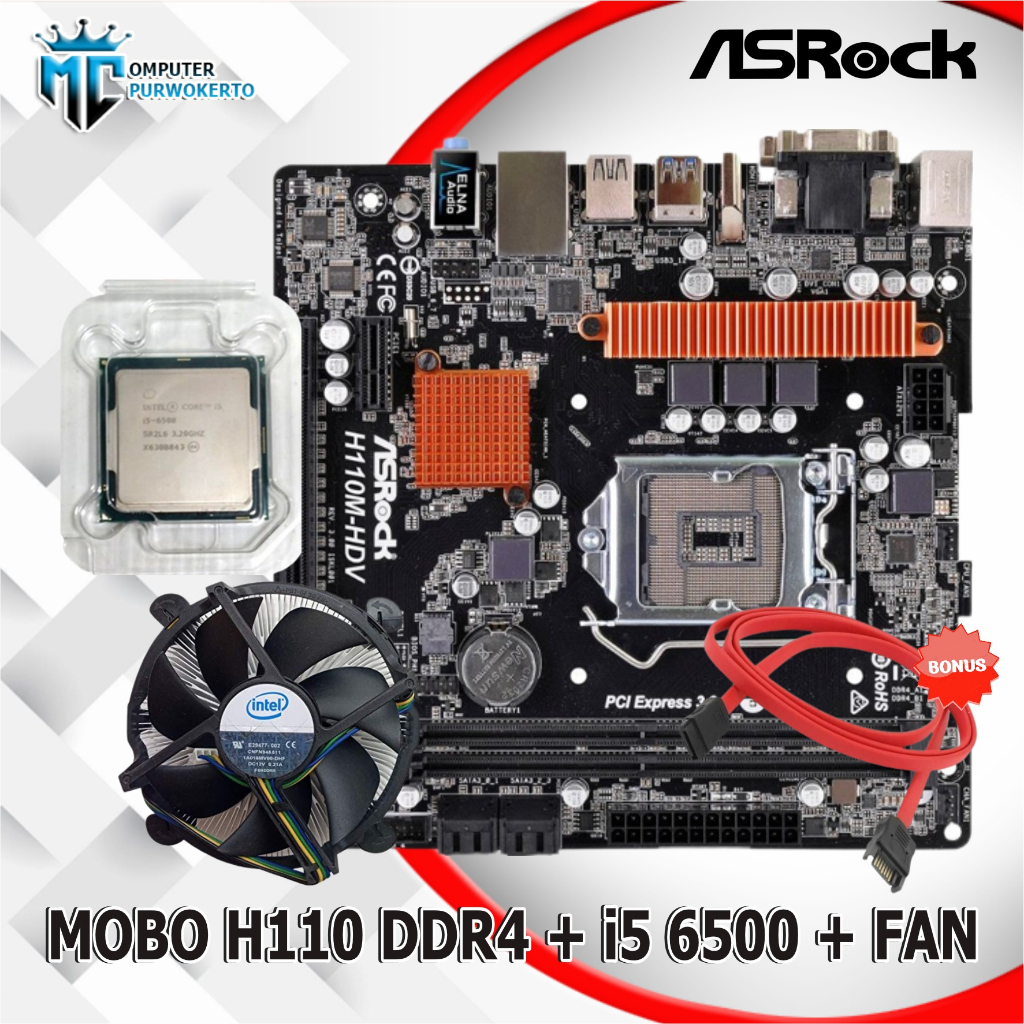 Paket Mobo Mainboard Intel H110 LGA 1151 DDR4 + Processor i5 6500 + Fan