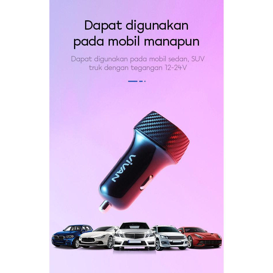 Car Charger VIVAN CC02C 3.4A Dual USB Smart IC Quick Charging Mobil Original Garansi Resmi 1 Tahun