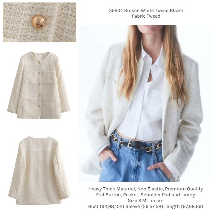 35504 Blazer Tweed Putih Jas Kantor Formal Wanita