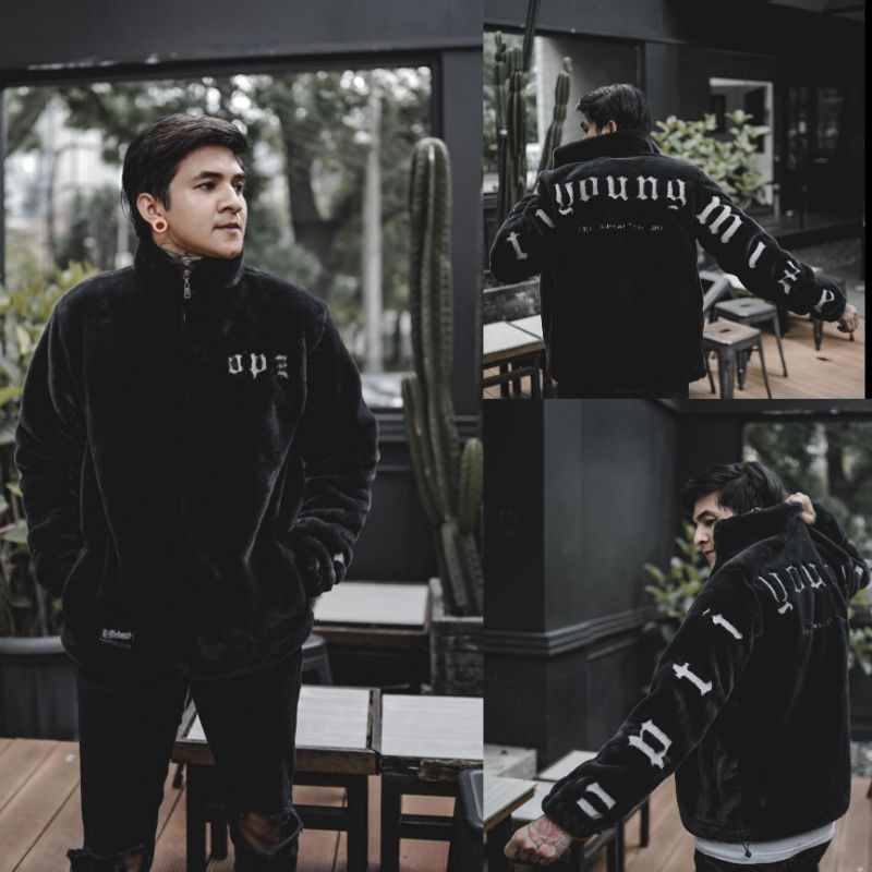 Jaket Sherpa Hitam Pria Fleece Bahan Tebal Jacket Bulu Domba Musim Dingin Lembut Hangat