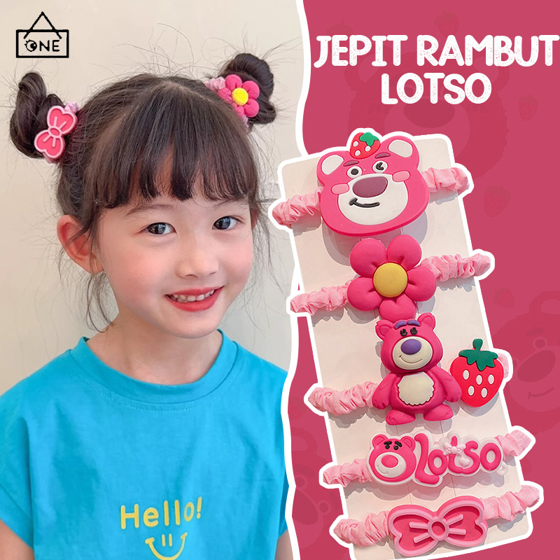 COD❤️5pcs/1 set Jepit Rambut Lotso Beruang Stroberi Lucu Anak Tali Rambut Kuncir Kuda Aksesoris Rambut Elastisitas Tinggi