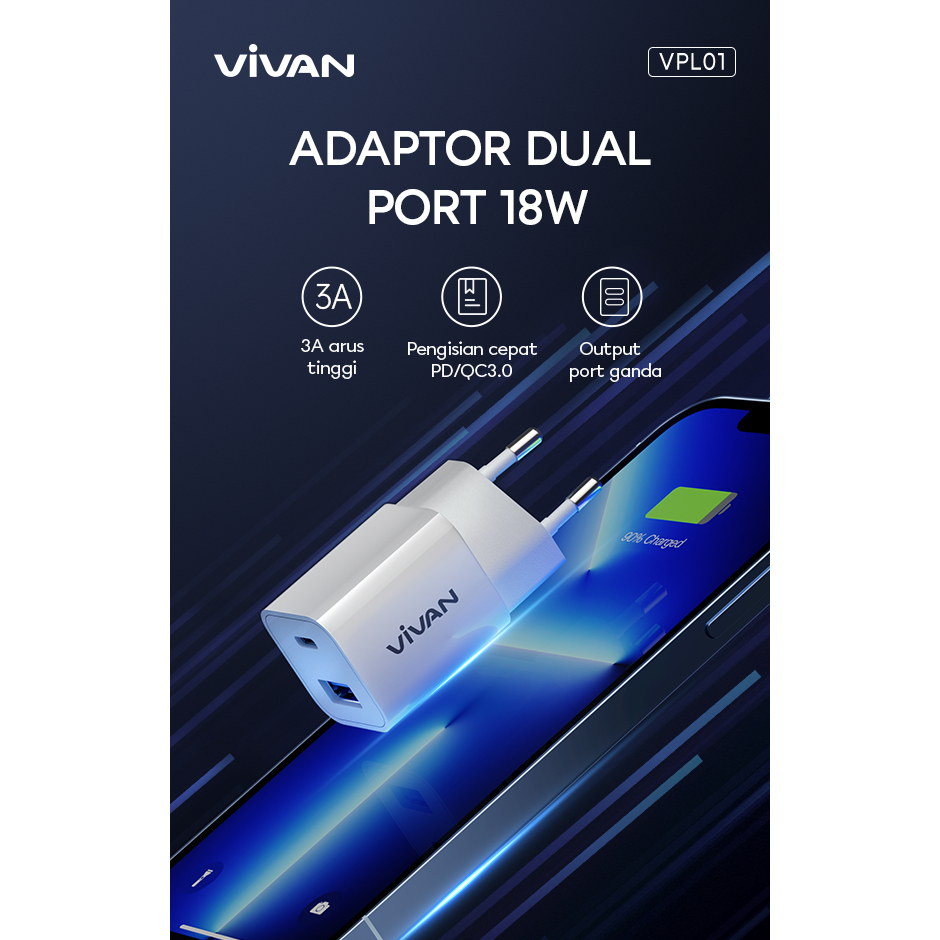 Charger Original VIVAN Fast Charging VPL01 Casan Type-C 3A Quick Charge 3.0 18W Dual Output - Garansi 1 Tahun
