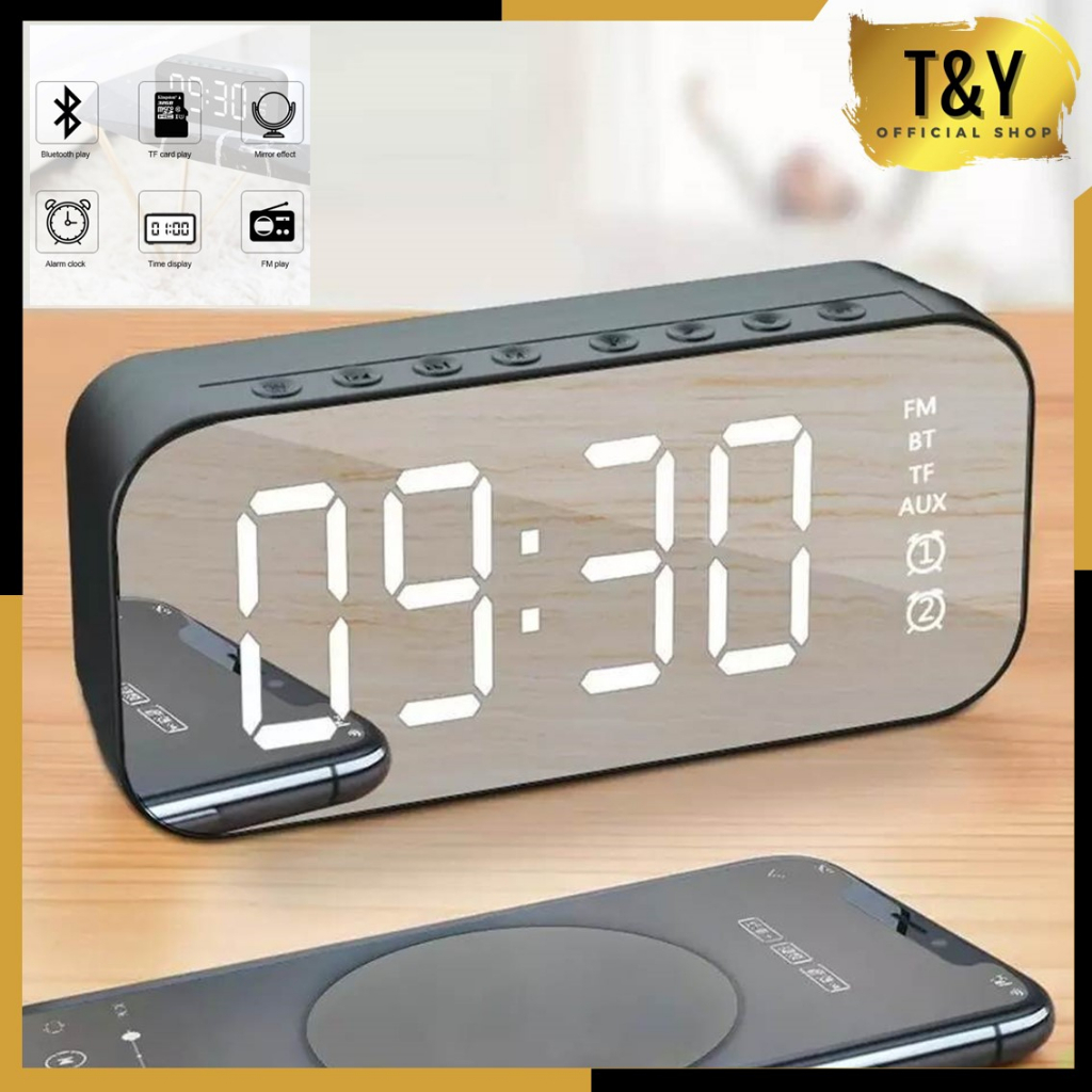 T&amp;Y Jam Speaker Bluetooth Portable LED Sound Clock Alarm Digital Radio FM Nirkabel Bass Mini Stereo Wireless Alarm LED Mirror Display Ultra Bass 2 Bluetooth 5.0 Audio