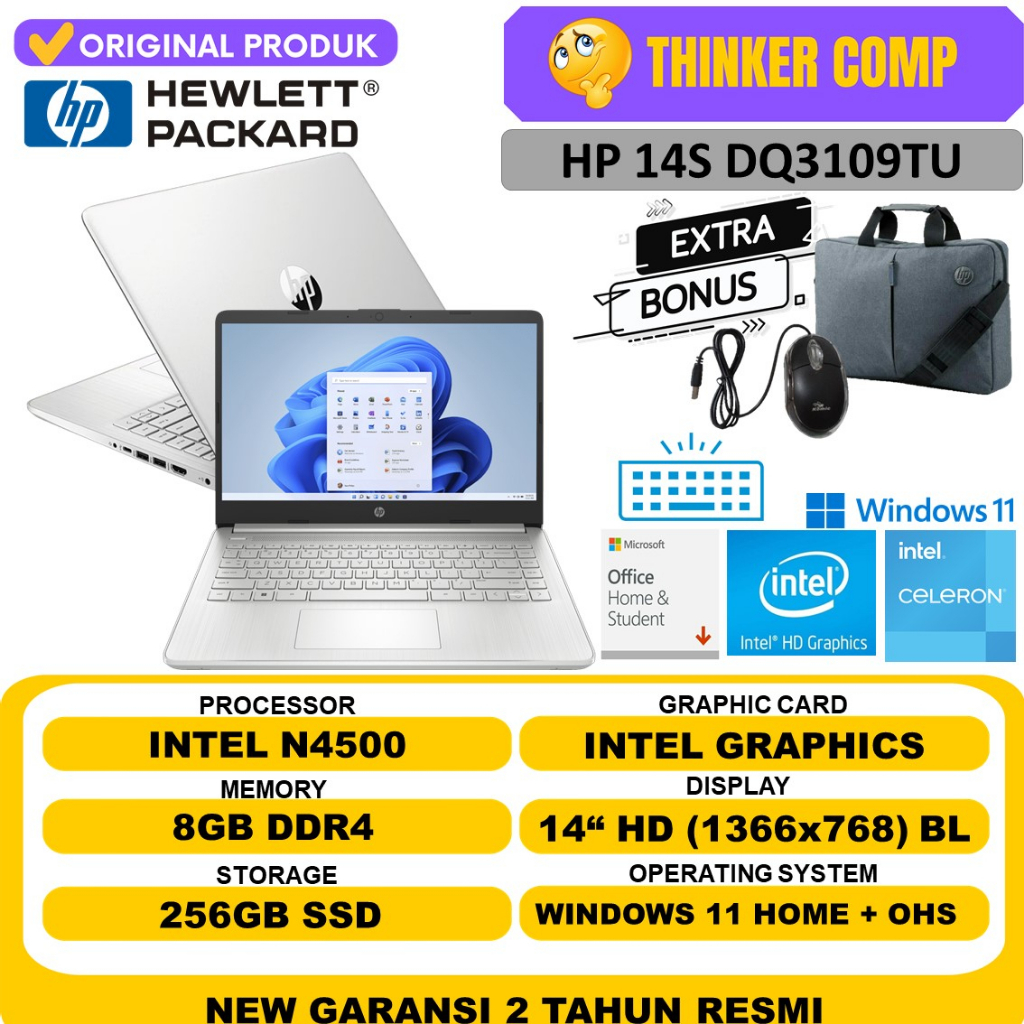 LAPTOP MURAH BARU HP 14S DQ3109TU INTEL CELERON N5000 8GB 256GB BACKLIGHT WINDOWS 11 OHS 2021