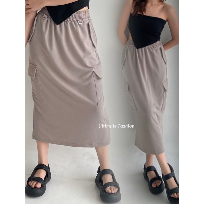 Alexa Cargo Skirt - Rok Midi Wanita Import - Cargo Pocket - Rok Kargo Korea