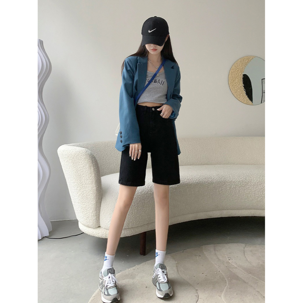 Celana Pendek Jeans Wanita Kasual Highwaist Kekinian Biru / Krem / Hitam