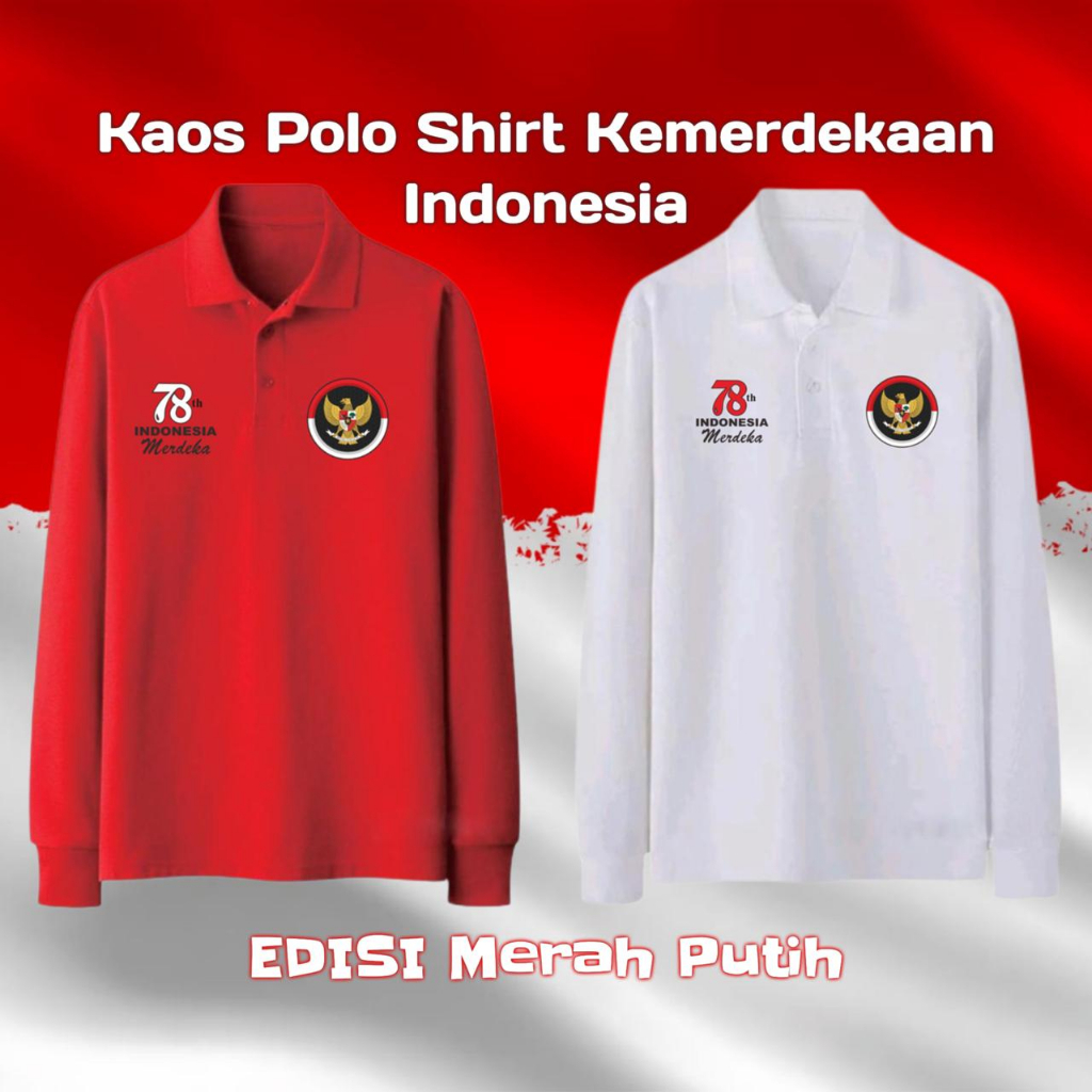 Kaospolos - Kaos kerah pria lengan panjang distro seragam merah putih hari KEMERDEKAAN 17 AGUSTUS HUT RI se INDONESIA