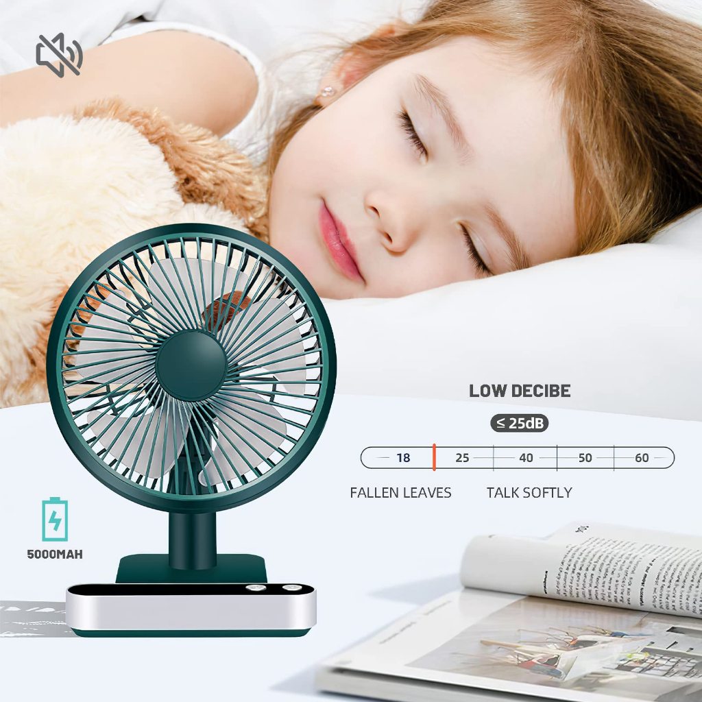 4 Kecepatan Kipas Mini Desk Fan Cordless Rechargeable Portable Fan 180° Automatic Shaking Head Desktop Fan LED Display Strong Airflow Quiet Operation