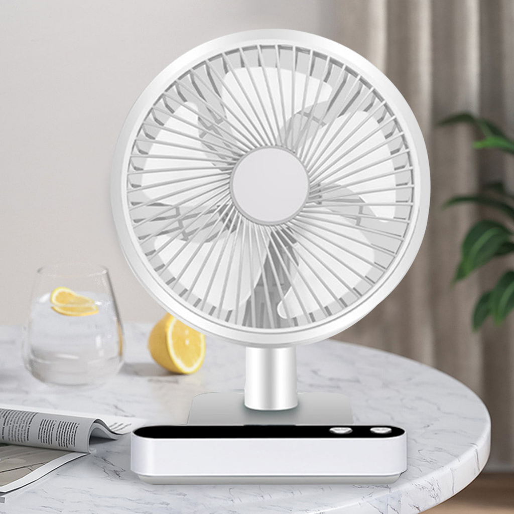 4 Kecepatan Kipas Mini Desk Fan Cordless Rechargeable Portable Fan 180° Automatic Shaking Head Desktop Fan LED Display Strong Airflow Quiet Operation