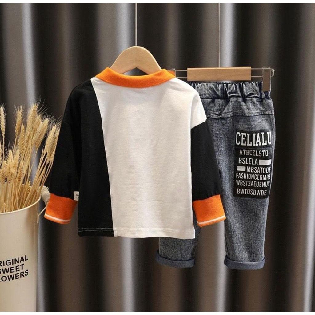 SETELAN SWEATER ANAK DAN CELANA JEANS PANJANG IMPORT ANAK LAKI LAKI 1-5 TAHUN TERBARU DAN TERLARIS/SETELAN SWEATER KERAH DEOQ DENIM
