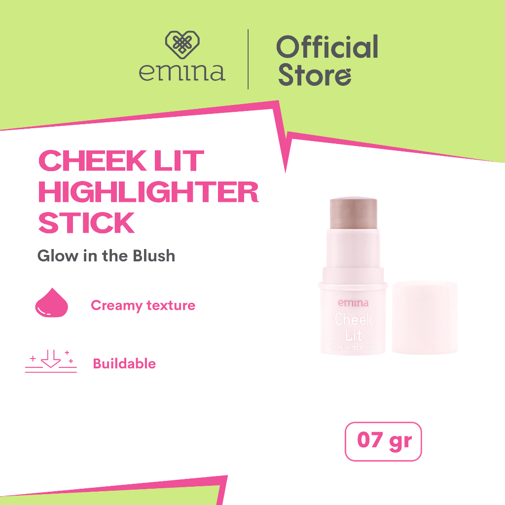 EMINA Cheek Lit Highlighter Stick Indonesia / 7g / Creamy Texture Buildable / Powder Non Greasy Subtle Glow / Natural Effect Blendable Nudetwinkle / Stik Bedak Matte / Cosmetic Makeup Face Make Up Series / Powder Nudesparkle Pressed Cream Blush On Stick