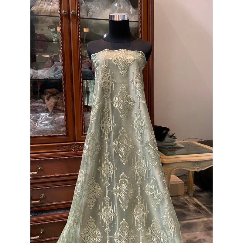 Bahan Kain Brokat Mewah Tile Etnik Keraton Diamond Warna Sage Green