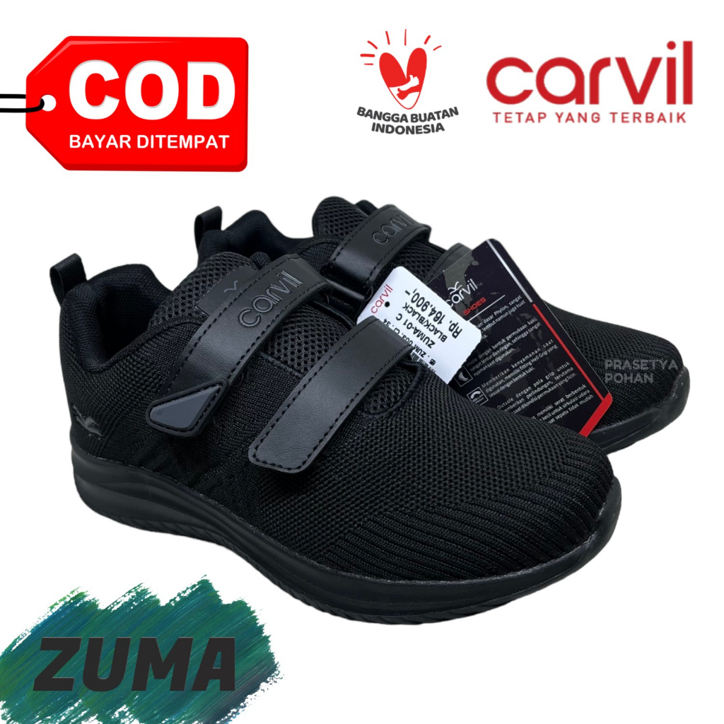 Sepatu Sekolah TK SD SMP Anti Slip Original Carvil - Sepatu Anak Laki dan Perempuan TK SD SMP - Hitam Putih Strap