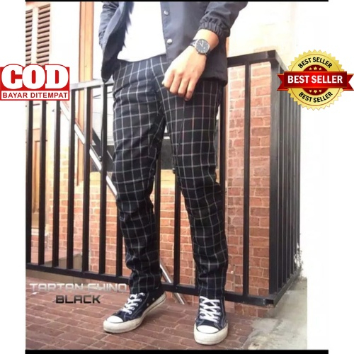 Celana Chino Tartan Pria Ankle Pants Motif Kotak Kotak Panjang Cowok Salur Slim Fit