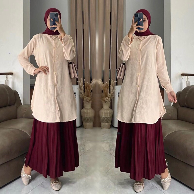 Long Tunik Atasan Wanita Katun Linen Polo Polos Premium