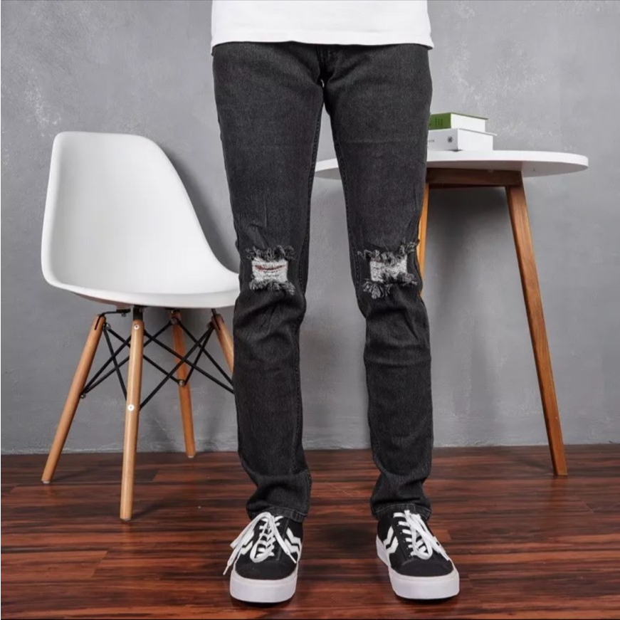 REBELONE - Celana Jeans Panjang Ripped Sobek Lutut Black Whisker - Celana Jeans Pria Sobek Distro Termurah Terlaris