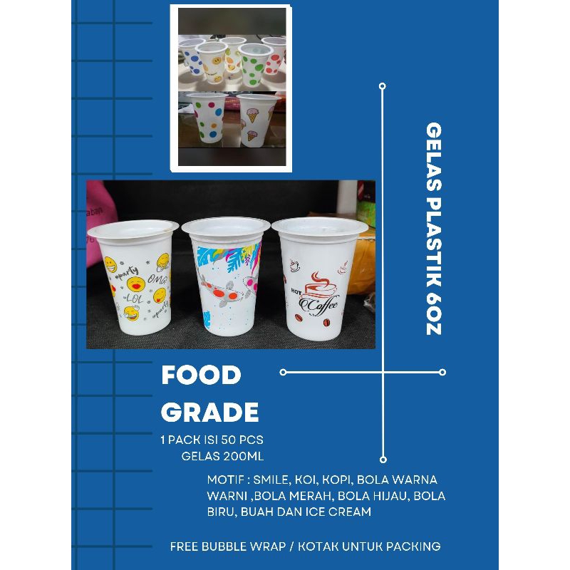 GELAS PLASTIK MOTIF 6OZ 200ML 1 PACK ISI 50 PCS GELAS MINUMAN GELAS KOPI GELAS TEH