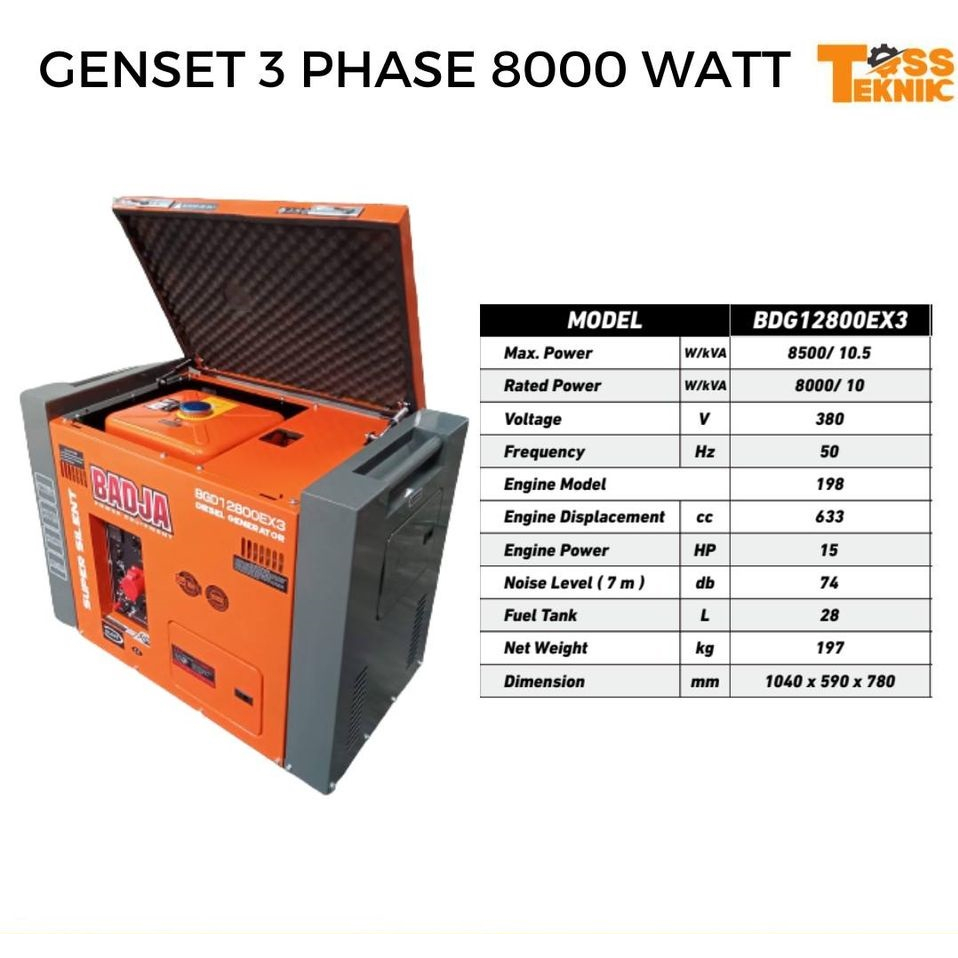 Genset Super Silent Diesel 10 kVA 8000 watt 3 Phase Badja BDG12800EX3 Generator Set Silent 8 kW Sola