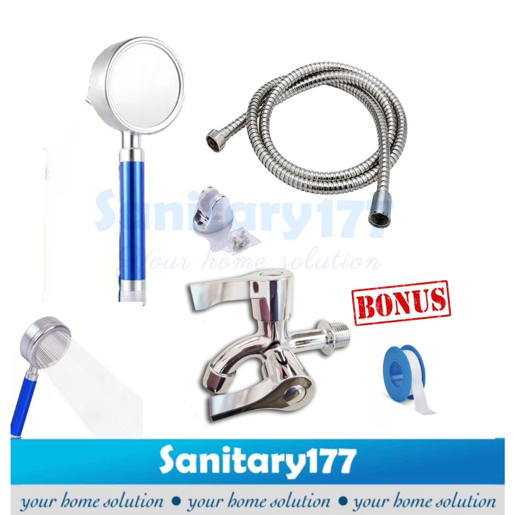 Paket Hemat bundling Shower spa ion hemat air Aluminium 1068 &amp; kran cabang- Hand shower set anti pecah kuat semprotan halus turbo dan kran double stainless