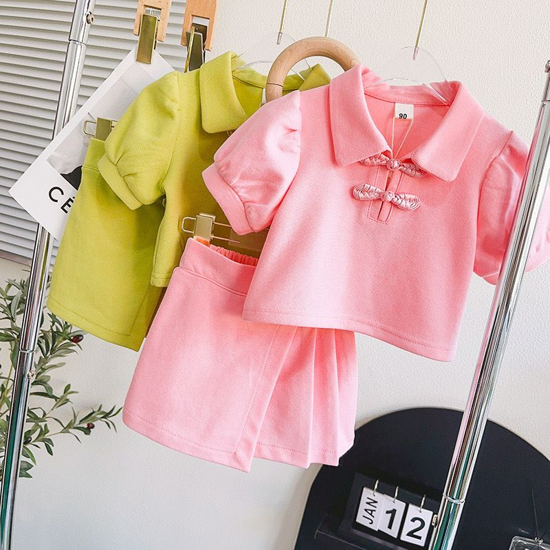 Setelan Anak Perempuan Polo Polos Mini Rok Motif Kancing Kepang Pink Dan Hijau