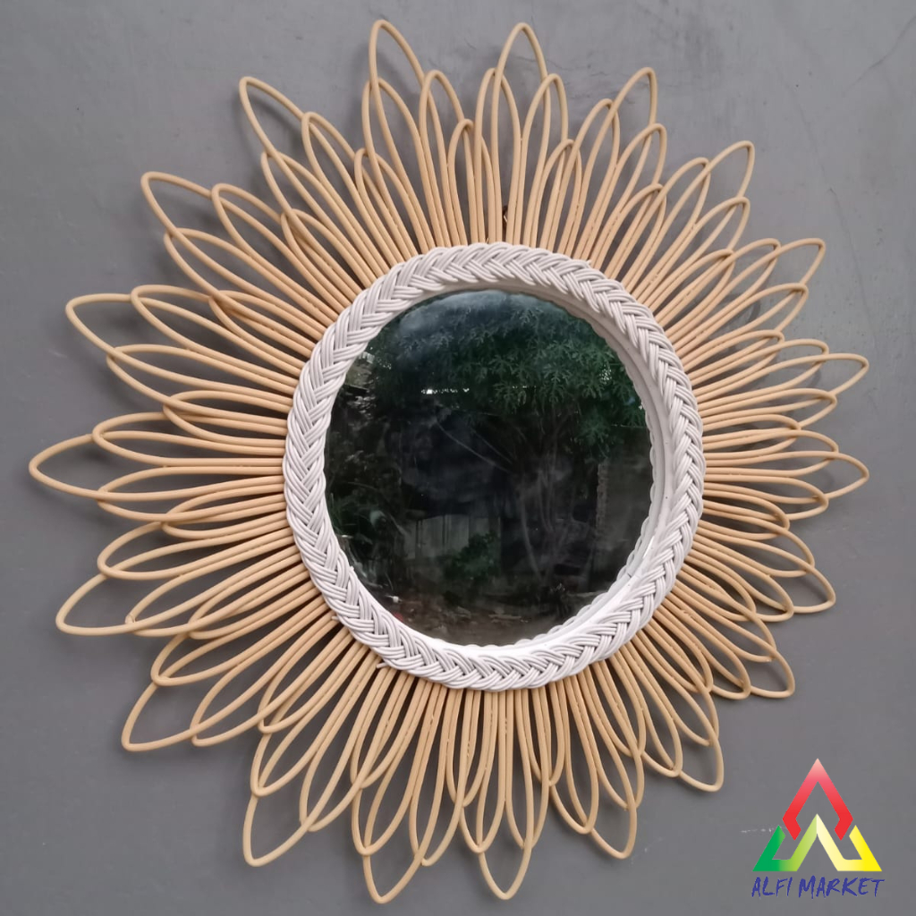 Cermin Rotan Sintesis Natural  | Cermin Anyaman | Aesthetic Mirror | Cermin Hias Berwarna | Hiasan D