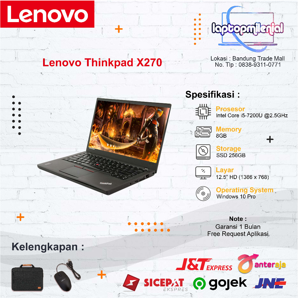 Laptop Lenovo Thinkpad X270 i5-7300U Ram 8GB SSD 256GB 512GB Win 10 Slim Siap Pakai Bergaransi