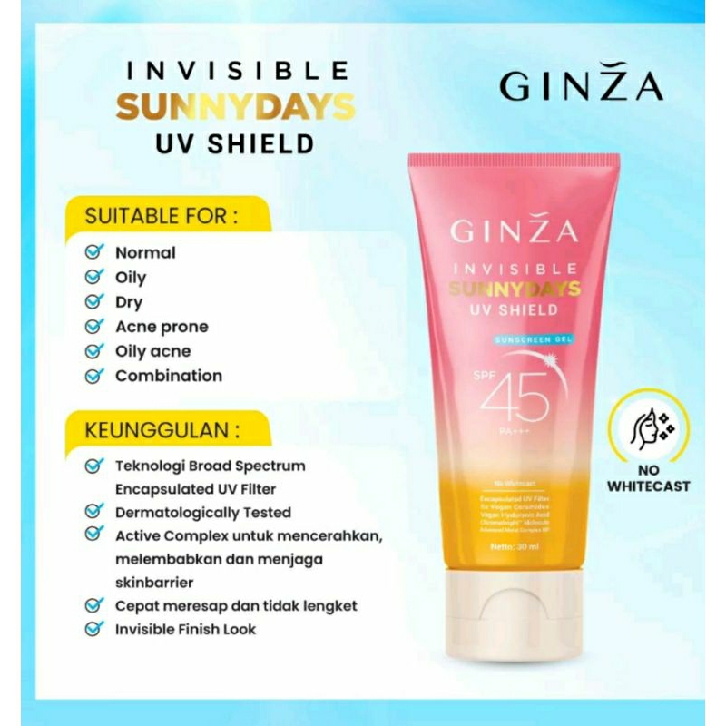 GINZA Invisible Sunnydays UV Shield SPF 45 PA+++ 30ml - SUNSCREEN GINZA