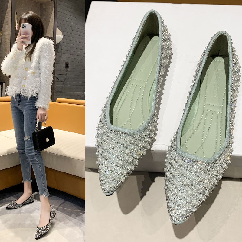 Sepatu Flat Shoes Wanita Import Murah Sol Karet Pointed Flats Balerina Balet Pesta Mutiara Kristal Hitam Black Beige Krem Gaya Korea - Ukuran 35 36 37 38 39 40