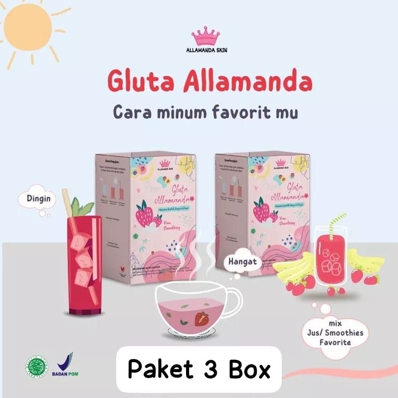 Peket 3 Box Gluta Allamanda Minuman Kolagen Ikan Serbuk Pemutih  Kulit BPOM HALAL MUI 1BOX ISI 10 SA