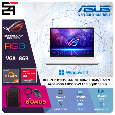 Asus ROG Zephyrus GA402RJ VGA RX6700-8GB Ryzen 9 6900 RAM 40GB 1TB SSD W11 14 Inchi QHD 120Hz