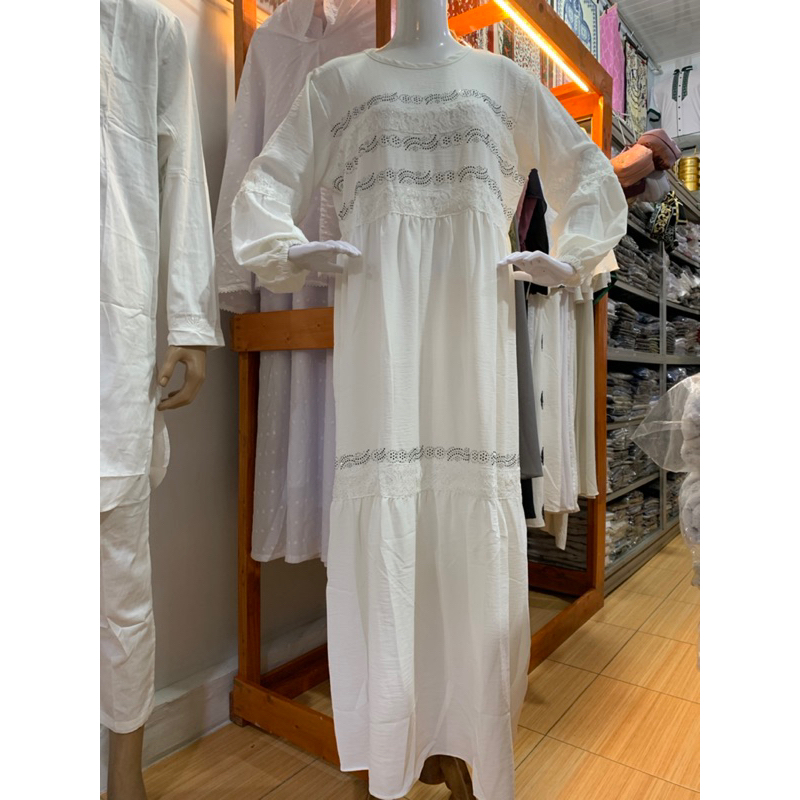 Gamis Putih Syar'i Premium Perempuan Bahan Kringkel | Gamis Ihram Haji Umroh Perempuan Bahan Crinkel