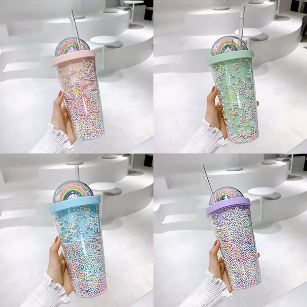 STV Botol Minum Tumbler Glitter Rainbow Pelangi Foam 550ml Gelas Cantik Unik Kado Lucu