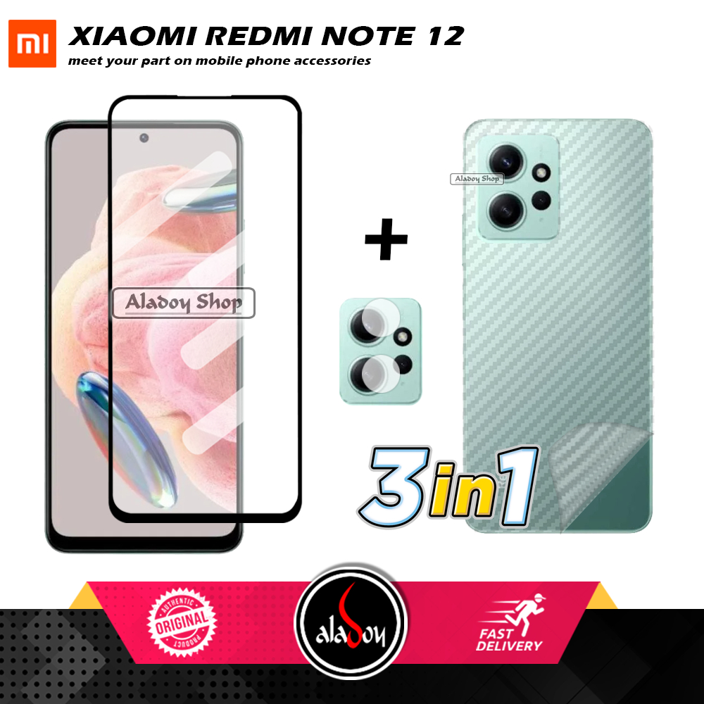 PAKET 3 IN 1 Tempered Glass Layar Xiaomi Redmi Note 12 4G Free Tempered Glass Camera dan Skin Carbon