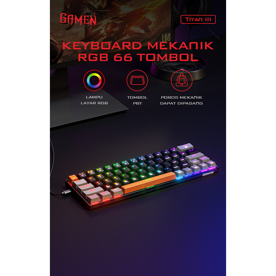 GAMEN Titan III Mechanical Pluggable Switch Blue Gaming Keyboard Wired RGB LED Light PBT Keycaps Original For PC Laptop- Garansi 1 tahun