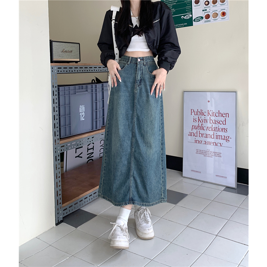 Emily Rok-Rok Midi Denim Fashion Rok A-line Highwaist Biru Retro