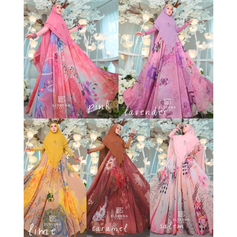 Neysa Series By Eldeena Syari Original Gamis Syar'i Ceruty Babydoll Printing Kombinasi Jersey Dress 