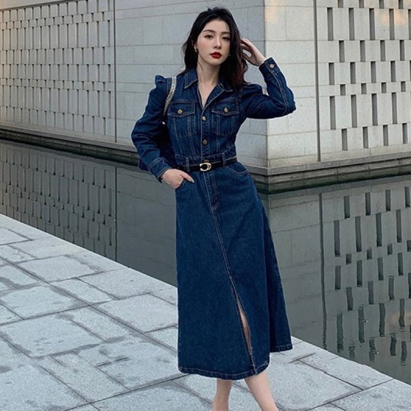 MIDI DRESS JEANS TERUSAN DENIM INCLUDE BELT IMPORT WANITA MX580