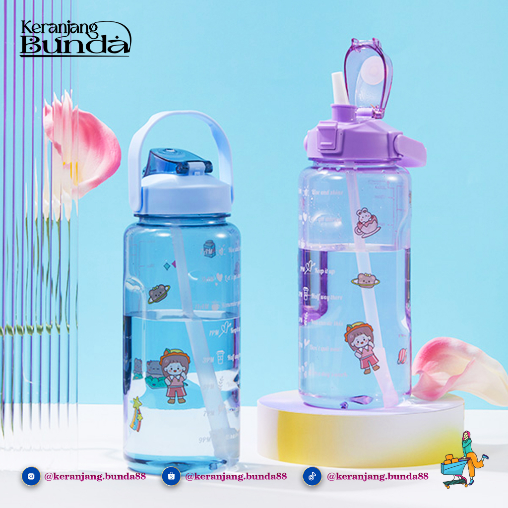 Bonbox Botol Minum Motivasi 2 Liter 2000ml Jumbo I Tumbler Portable Sport Air Plastik Bening Handle 