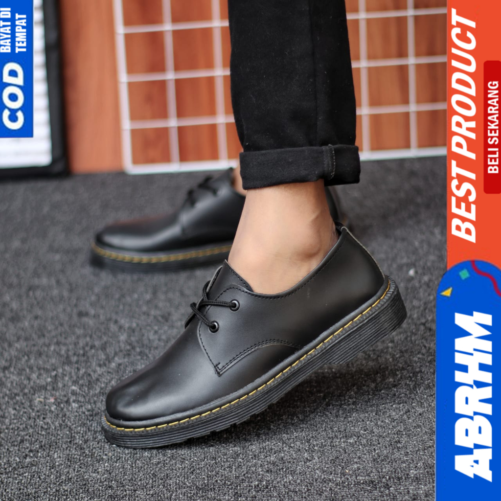 ABRHM Sepatu Docmart Hitam Tali Casual Kulit Pu Formal Pantofel Kerja Hitam Pria