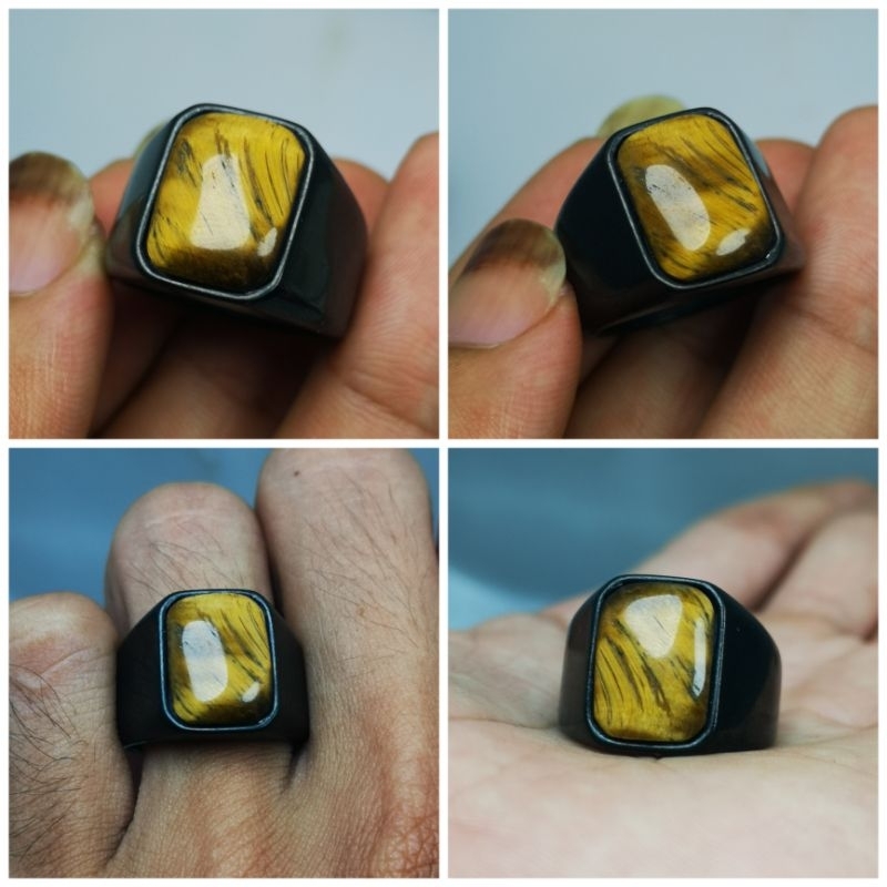 CINCIN BATU TIGER EYE KOTAK RING STAINLES BLACK
