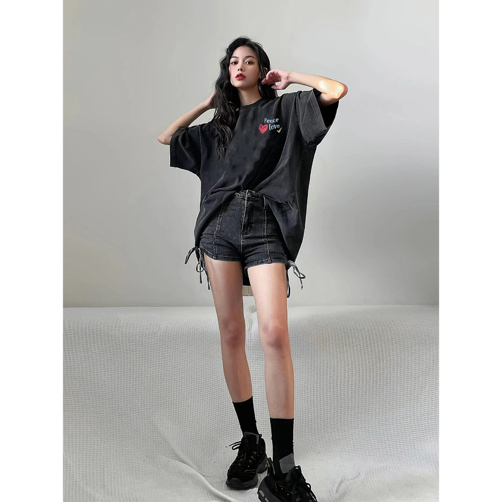 t shirt Hitam washed baju wanita kaos wanita kaos oversize atasan wanita t shirt Letter lengan pendek kaos pakaian