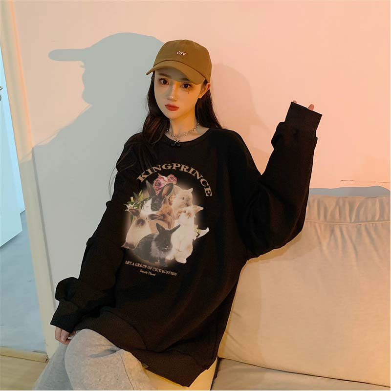 Sweater Oversize Cartoon Cute Rabbit / Sweater Hitam