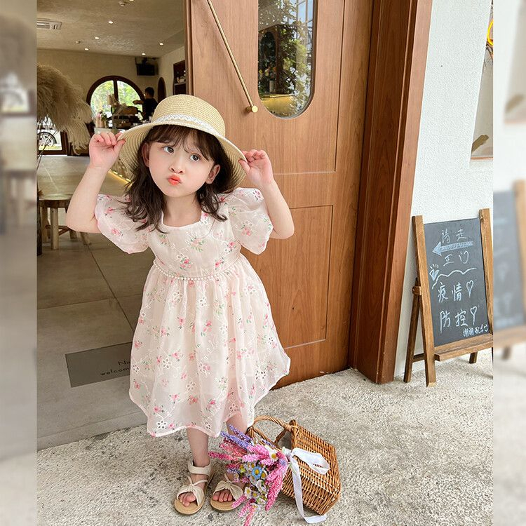 Dress Anak Perempuan Motif Bunga Mawar Pink Square Neck Pinggang Mutiara