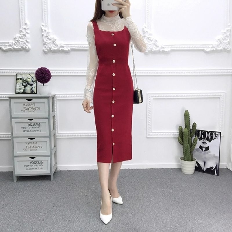 Fashion baju midi dres dress knit knited tali ngaret melar bentuk body polos kancing depan variasi s